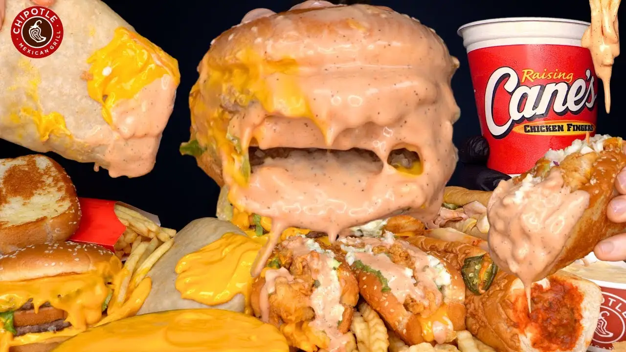 ASMR MUKBANG EXTRA CANES SAUCE MCDONALDS GIANT CHIPOTLE BURRITOS CHICKEN & FRIES | WITH CHEESE